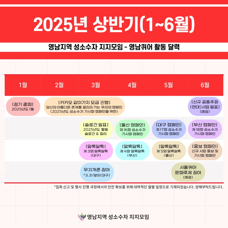 2025년 상반기(1~6월) / 영남지역 성소수자 지지모임 - 영남퀴어 활동 달력 / 1월: [정기 총회] 2025년도 1월 / 2-4월: [카카오 같이가치 모금 진행] 당신의 아름다운 존재를 알리러 가는 우리의 캠페인 (2025년도 성소수가 가시화 캠페인을 위한) / 3월: [슬로건 발표] 2025년도 활동 슬로건 & 컬러, [알록달톡]제 3회 알록달톡(대구), 무지개존 참여 *3.31 맞이(대구) / 4월: [울산 캠페인] 제 16회 성소수자 가시화 캠페인 / 5월: [대구 캠페인]제 17회 성소수자 가시화 캠페인, [알록달톡]제 4회 알록달록(부산) / 6월: [신규 공동주최 (연대)사업 발표](예정), [부산 캠페인]제 18회 성소수자 가시화 캠페인, [알록달톡]제 5회 알록달톡(울산), [홍보 캠페인]신규 사업 홍보 및 가시화 캠페인 / 5-6월: 서울퀴어 문화축제 참여(예정) / *집회 신고 및 행사 진행 과정에서의 안전 확보를 위해 대략적인 월별 일정으로 기재되었습니다. 양해부탁드립니다. / 영남지역 성소수자 지지모임